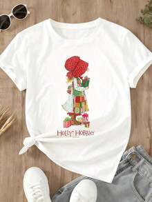 1 Piece Holly Hobbie Women's T-Shirt With Christmas Character Print, Holiday Gift Design, Casual Wear For The Festive Season, 180g, 100% Cotton. - 黑色 - 查看 10