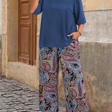 Plus Size Holiday Casual Solid Color Top And Paisley Print Pants 2 Pieces Set,Holiday Outfits Boho - Multicolor - Ver 6