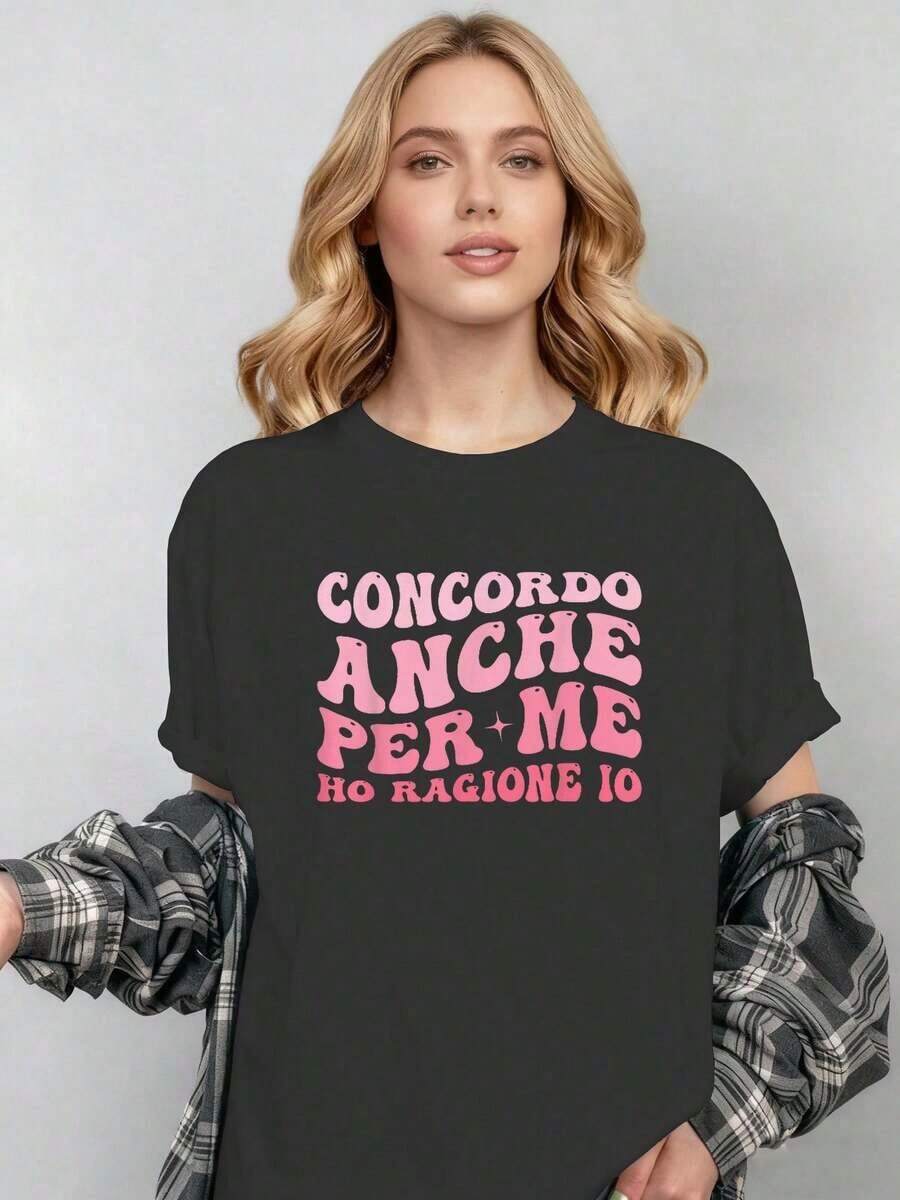 Funny Women's T-Shirt With Spanish Phrase - "I'm Also Right According To Me" - Retro Graphic T-Shirt - Pink Text T-Shirt - Loose Fit, Casual, For Everyday Wear - Funny Clothing With Spanish Phrases For Women - Conversation Starter Garment - 黑色 - 查看 1