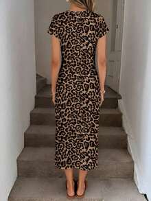 Vestido midi sin mangas con estampado de lunares marrones y azules, cintura elegante con detalle retorcido y abertura alta, vestido ajustado de punto casual para mujer, atuendo de cumpleaños para mujer, conjunto deportivo para mujer, vestido para invitadas de boda, ropa de oficina para mujer, vestidos de verano para mujer. - Multicolor 2 - Ver 4