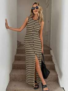 Vestido ajustado a rayas blancas y negras con abertura frontal, informal, para negocios y resorts, lindo vestido de verano, adecuado para las temporadas de primavera, verano, otoño e invierno, ropa informal de negocios para la vuelta al cole, atuendos para salir, ropa para la vuelta al cole, atuendos para maestras, vestido color crema, vestido elegante de playa largo para mujer. - Gris volcánico - Ver 3