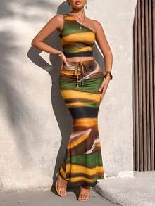 AIJ Women's Summer Casual Striped Sleeveless Cropped Top And Ruffle Mermaid Skirt 2-Piece Set (Random Print) - Brown Orange - View 3