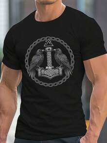 Camiseta Casual de Manga Corta con Cuello Redondo y Motivo Inspirado en los Nórdicos para Hombres, TALLA GRANDE - Negro - Ver 12
