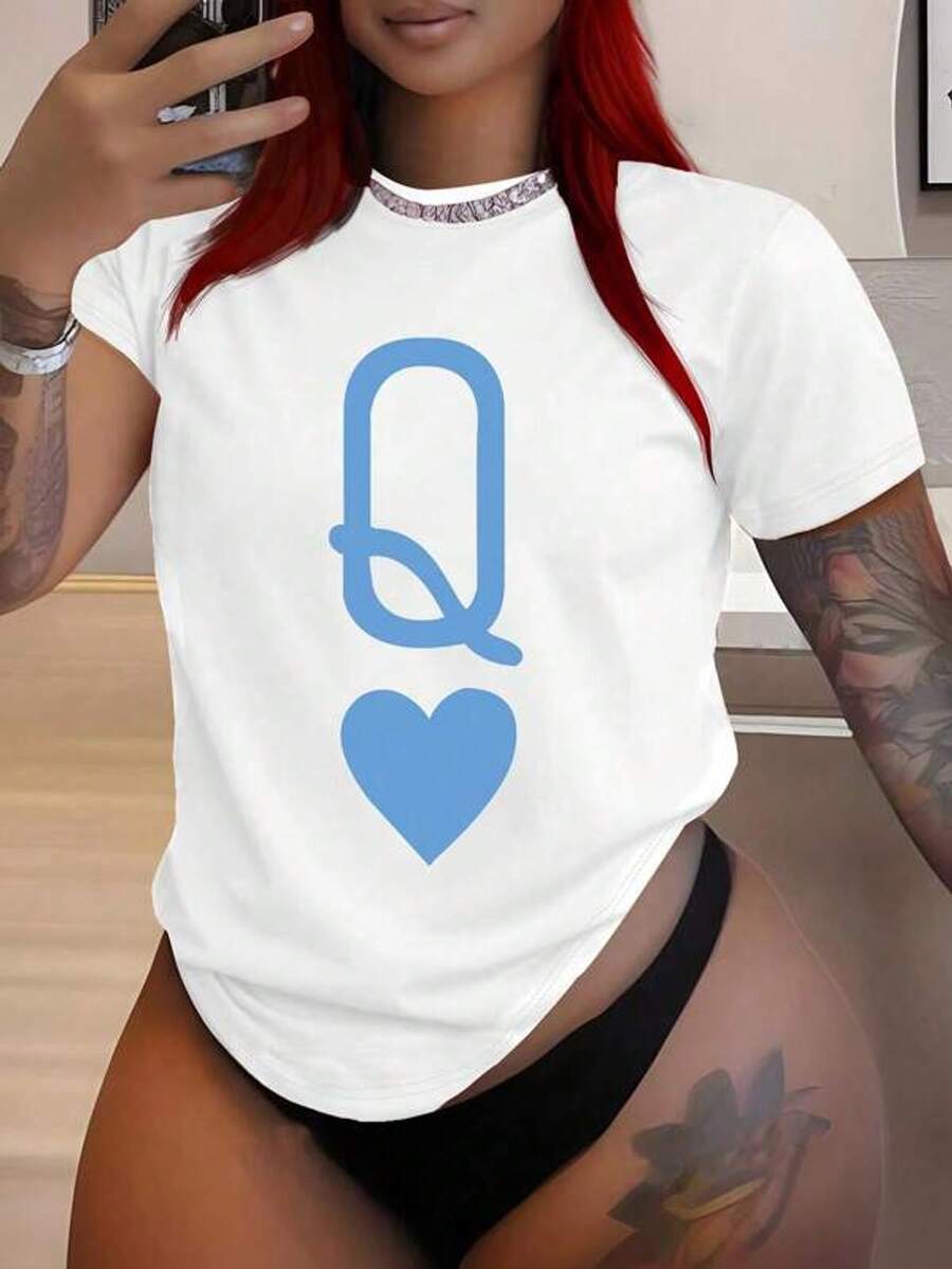 Camiseta informal de mujer con estampado de reina de póker, parrimavera y verano, como ropa nuevara año nuevo, camisetas gráficas para mujeres