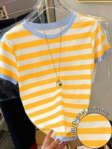 Camiseta casual de mujer de cuello redondo y manga corta con estampado de rayas de contraste - Multicolor 4 - Ver 5