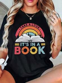 Echa un Vistazo, Está en el Libro - Camiseta con Diseño Literario, para Amantes de la Lectura, Bibliotecarios, Manga Larga o Corta, Estilo Y2K, Camisetas de Verano, Ropa de Verano, Camisetas Casuales Diarias, Camisetas de Manga Corta Casuales de Verano - Negro - Ver 10