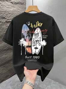 1 camiseta de hombre con estampado gráfico, ropa de playa para verano, camiseta de manga corta de corte holgado, 100% algodón - Negro - Ver 2