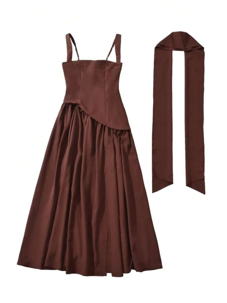 Vestido tirantes con pañuelo elegante mujer diseño único abertura alta combinado plisado cintura ajustada falda amplia - Café integral - Ver 1