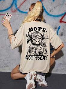 Women's Summer Letter Printed Round Neck Drop Shoulder Short Sleeve Loose Casual T-Shirt Graphic Tees Women Tops Blouses For Women Sportswear Style Y2K, Round Neck, 100% Cotton, Soft Fabric, Short Sleeve. - 杏色 - 查看 3