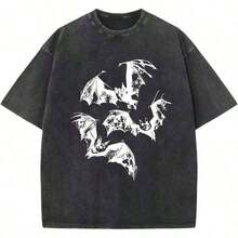 Camiseta Vintage Oversized para Hombre con Estampado de Murciélago, 100% Algodón Lavable, Estilo Streetwear, Lavado Ácido, Corte Holgado, Manga Corta, Estilo Y2K - Unisex para Mujer y Hombre, Ropa Casual para el Campus, Lavable y Bonita. - Negro - Ver 6