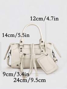 1pc Beige Splicing Rivets Inlaid Metal Tassels Zip Retro PU Material Small Bag Charms Loop Band Rivets Inlaid Sweet Cool Bikerbag Y2K Punk Square Bag - Beige - View 7