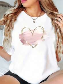 Women's Cotton T-Shirt With Heart Print - Comfortable, Stretchy And Machine Washable, Round Neck, Short Sleeve. - White - View 3