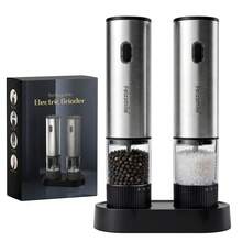 Feizsmile 2件套可充电胡椒盐研磨器礼盒装，自动胡椒研磨器，香料研磨器，USB充电，粗细可调，单手操作，陶瓷研磨，可填充，不锈钢外壳，家用厨房烧烤电动盐胡椒研磨器，送给家人、朋友、母亲节的理想礼物 - 彩色 - 查看 2