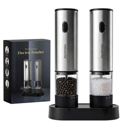 Feizsmile 2件套可充电胡椒盐研磨器礼盒装，自动胡椒研磨器，香料研磨器，USB充电，粗细可调，单手操作，陶瓷研磨，可填充，不锈钢外壳，家用厨房烧烤电动盐胡椒研磨器，送给家人、朋友、母亲节的理想礼物