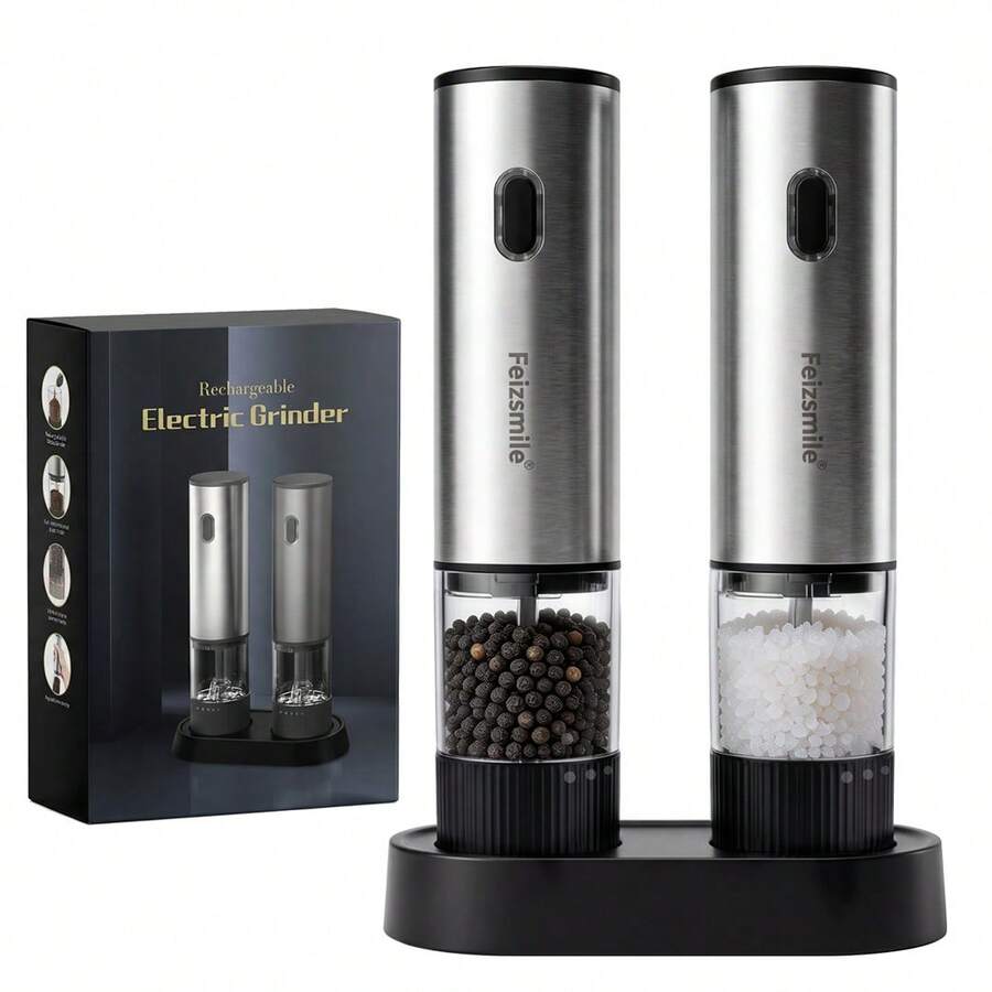 Feizsmile 2件套可充电胡椒盐研磨器礼盒装，自动胡椒研磨器，香料研磨器，USB充电，粗细可调，单手操作，陶瓷研磨，可填充，不锈钢外壳，家用厨房烧烤电动盐胡椒研磨器，送给家人、朋友、母亲节的理想礼物