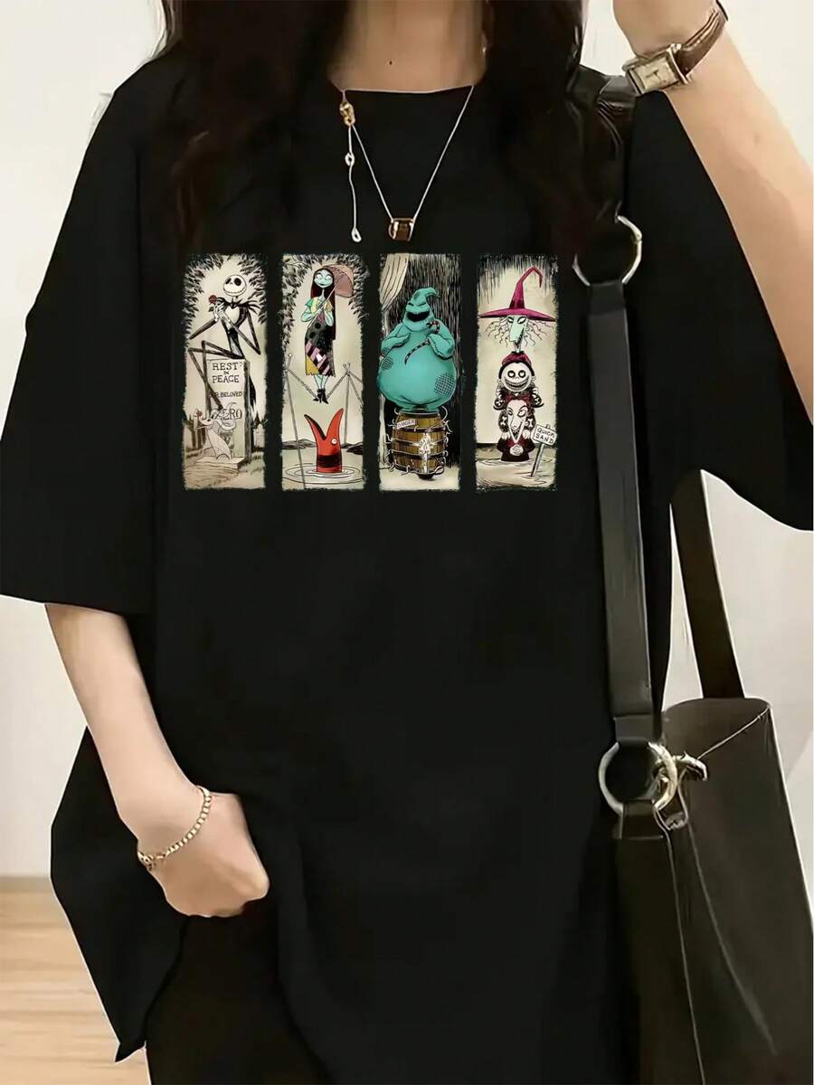 Casual T-shirtColección de PrimaveraVerano para Mujer Camiseta con Cuatro Viñetas Verticales que Incluyen Ilustraciones del Elenco Pesadilla Antes de Navidad - Jack, Sally y más100% CottonDurable - Negro - Ver 1