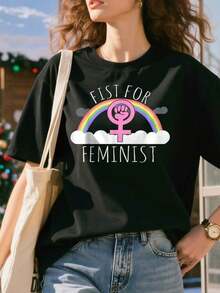 Graphic Print Women's Lightweight Cotton Summer T-Shirt First For Girl Power Women Empowerment Inspiring Oversize T-Shirt 100% Pure Cotton - 黑色 - 查看 3
