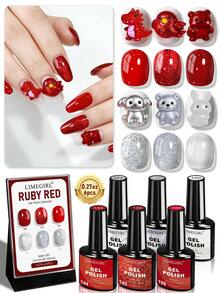 Limegirl 6-Color Ruby Red Gel Nail Polish Set, New Year Glow Removable UV/LED Gel Nail Polish Set, Home-Friendly, Suitable As A Gift For Women - Multicolor - View 1