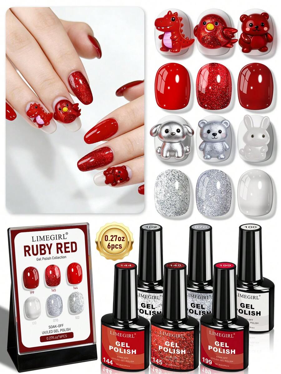 Limegirl 6-Color Ruby Red Gel Nail Polish Set, New Year Glow Removable UV/LED Gel Nail Polish Set, Home-Friendly, Suitable As A Gift For Women - Multicolor - View 1