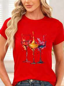 GiftT-Shirt With Wine Glass And Colorful Splash Print For Party And LeisureSoft - Rojo - View 7