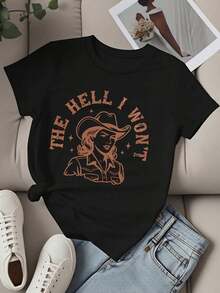 Camiseta de cuello redondo para mujer con estampado de vaquera con sombrero y la frase "I Won't Text", manga corta, ropa casual para salidas diarias y eventos de estilo occidental. - Negro - Ver 2