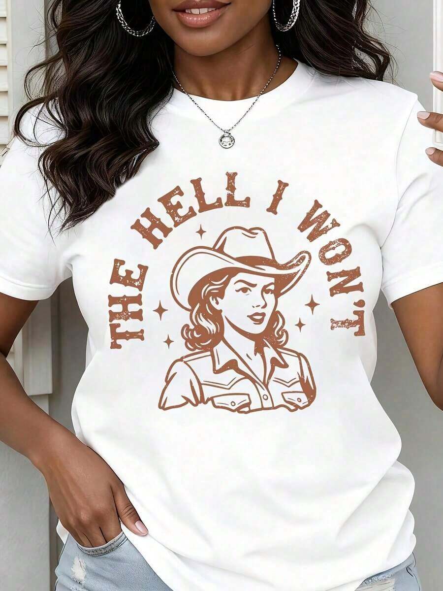 Camiseta de cuello redondo para mujer con estampado de vaquera con sombrero y la frase "I Won't Text", manga corta, ropa casual para salidas diarias y eventos de estilo occidental. - Blanco - Ver 1