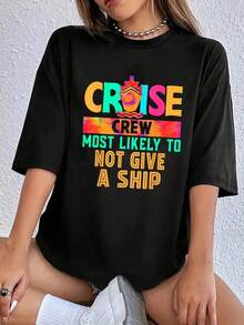 100% Algodón Unisex 1 pieza - Camiseta "Cruise Crew Most Likely To Not Give A Ship Hippie" - Camiseta Casual de Manga Corta para Mujer para Primavera y Verano, Camisetas Gráficas para Mujer 230g - Negro - Ver 1
