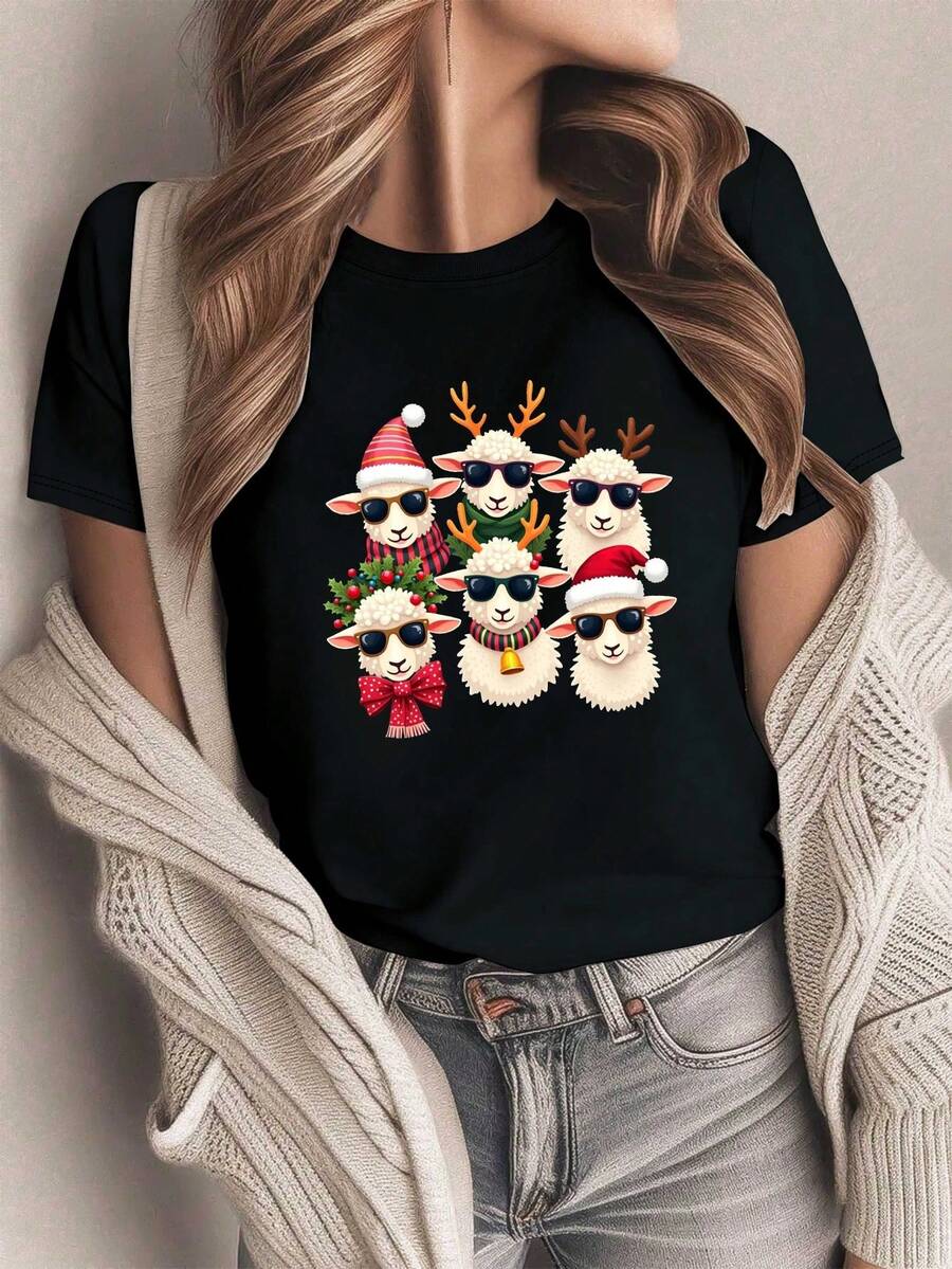 Women's Short Sleeve T-Shirt - "Cute Sheep Squad" Sheep Print, Soft And Breathable Casual Top For All Seasons, Ideal For Christmas And Everyday Wear, Machine Washable (White Base) - 黑色 - 查看 1