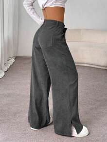 Unity Pantalones largos rectos y sueltos de mujer con abertura lateral, de tela de pana, para otoño/invierno - Gris Oscuro - Ver 2