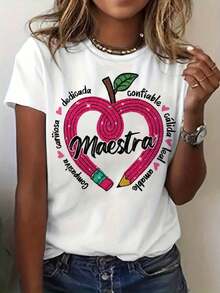 Camiseta de manga corta con cuello redondo y corte holgado 100% algodón para mujer, top casual de uso diario en verano. Camiseta con estampado de corazón de maestra de español, top casual de manga corta y cuello redondo, adecuada para verano y primavera, ropa de mujer. Camiseta de manga corta de algodón puro, cuello redondo y corte holgado, top básico casual suave y transpirable. - Blanco - Ver 7