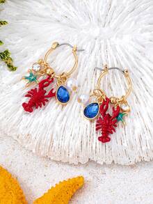1 Pair Fashionable Summer Beach Vacation Style Red Lobster Element Women Charm Hoop Earrings Decorated With Starfish And Faux Pearl, Suitable For Daily Wear Or Vacation - Multicolor - View 5