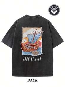 Washed - [Orca Coatings] 250g Vintage T-Shirt - Fishing Design Based On The Bible, John 1:14 - Relaxed Fit, Dropped Shoulders - Beige/Brown Washed Cotton Effect - Urban Style Essential For Everyday Wear And Events - Machine Washable, Hippie Style, Ribbed Collar - 黑色 - 查看 3