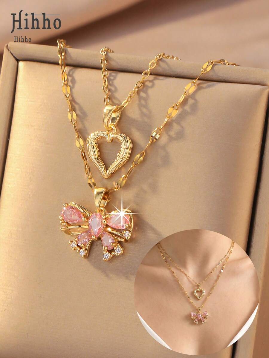 Hihho Bộ 2 chiếc dây chuyền mặt dây chuyền hình nơ và trái tim màu hồng nữ tính, dây chuyền choker nhiều lớp sang trọng, phù hợp với áo hai dây, áo sơ mi, váy, đi làm, hẹn hò, hàng ngày, dự tiệc. - chuỗi xương đòn - Xem 1