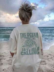 Women's 100% Cotton Plus Size T-Shirts - Oversized Short Sleeve Crew Neck T-Shirt With "The Ocean Is Calling" Sea Turtle Graphic Print, Beach Vacation Aesthetic, Casual Summer Top For Everyday Use, Hen Party - White - View 6