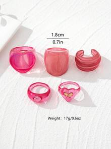 5pcs/Set Pink Jelly Heart Shaped Resin & Acrylic Stackable Rings, Versatile Accessories For Sweet & Girls - Pink - View 2