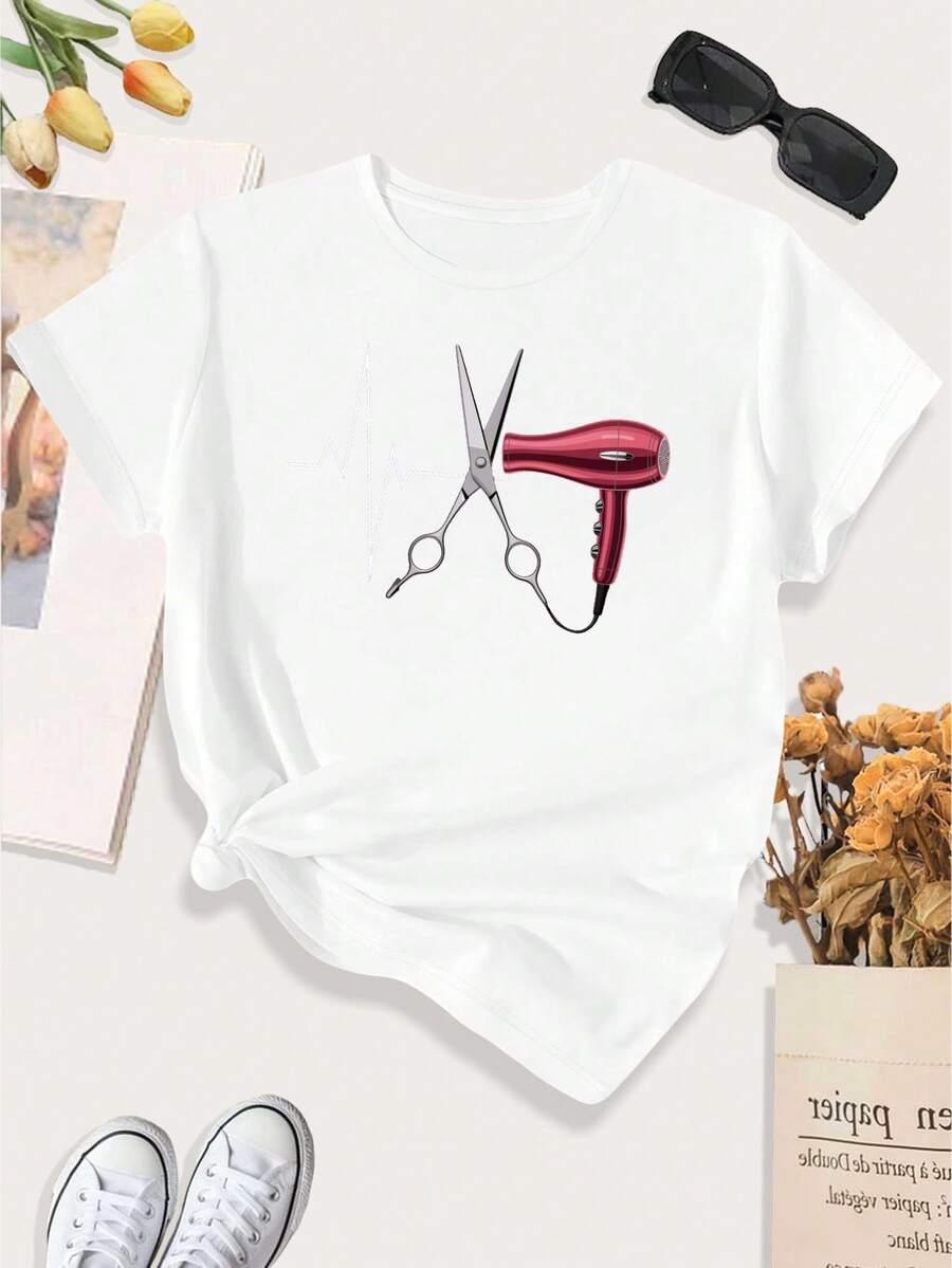 [Print Design]Casual Sports T-Shirt For Women In Large Size Featuring A Hairdresser Theme With Heartbeat, Scissors, And A Dryer[Suitable For Leisure And Sports Activities] - Multicolor - View 1