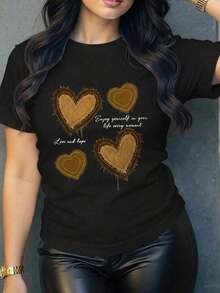 Women's T-Shirt, Red Women's T-Shirt With Leopard And Sparkling Heart Print, Short Sleeve And Round Neck For Summer And Spring, Polyester Knit Fabric, Bold And Elegant Design, Comfortable And Lightweight - 黑色 - 查看 7
