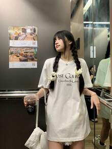 Camiseta de manga corta con estampado de letras para el verano 2024, top holgado para estudiantes femeninas, camiseta de base blanca. - Confesión Perdida Blanca] - Ver 2