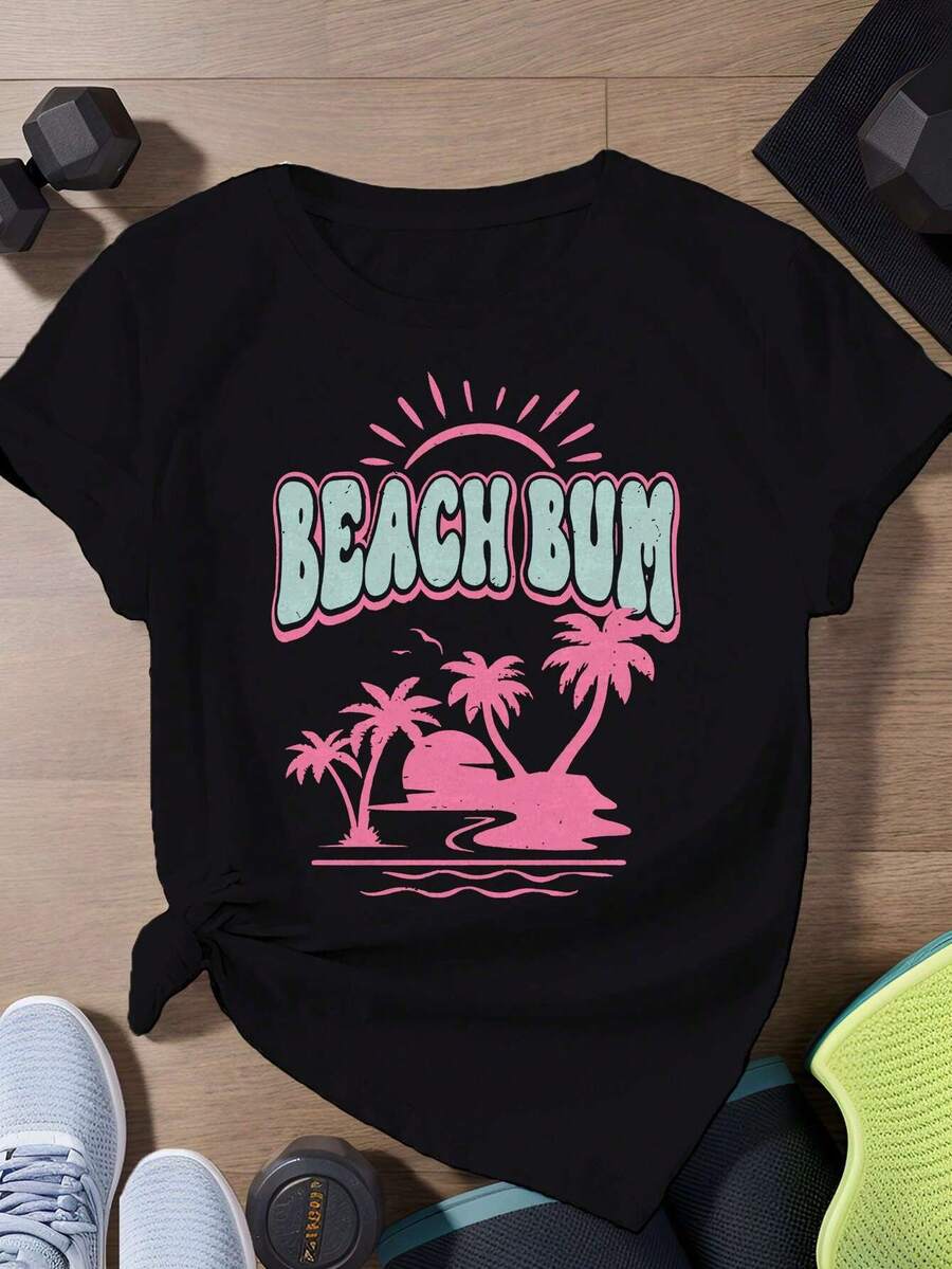 Women's Crew Neck T-Shirt, Summer 2025. Retro "BEACH BUM" Print With Palm Trees And Sunset. Cotton, Breathable For Beach Lovers. Y2K T-Shirt - 白色 - 查看 1
