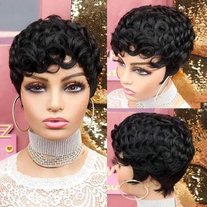 Pixie Cut Wigs For Black Women Synthetic Hair Afro Pixie Wig Black Color Short Wigs For Black Women Short Curly Wigs For Women (Natural Black)