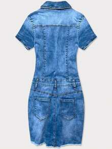 Blue Distressed Denim Dress, Fitted Dress With Zipper, Collar, 6 Pockets, Fashionably Frayed Hem, Mid-Thigh Length, Slightly Stretchy, Casual - Blue - View 4
