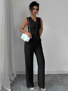 Conjunto de mujer de chaleco sin mangas con cuello en V y pantalones rectos de pierna derecha, de unicolor, elegante y de moda para uso casual y de oficina - Negro - Ver 5