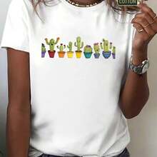 Women's Cactus Design T-Shirt - 100% Cotton Crew Neck Casual T-Shirt With A Fun Cactus Print Design, Comfortable And Casual For All Seasons, Cute Cactus Design Suitable For Casual Outfits All Year Round. - 白色 - 查看 7