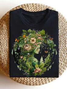 Camiseta de mujer, unisex, estilo bohemio campestre - Diseño vintage suave para el Día de la Tierra 2023, con estampados de plantas del bosque, setas, zorros y elfos - Camiseta holgada de cuello redondo, adecuada para festivales al aire libre, talla grande casual. - Negro - Ver 9