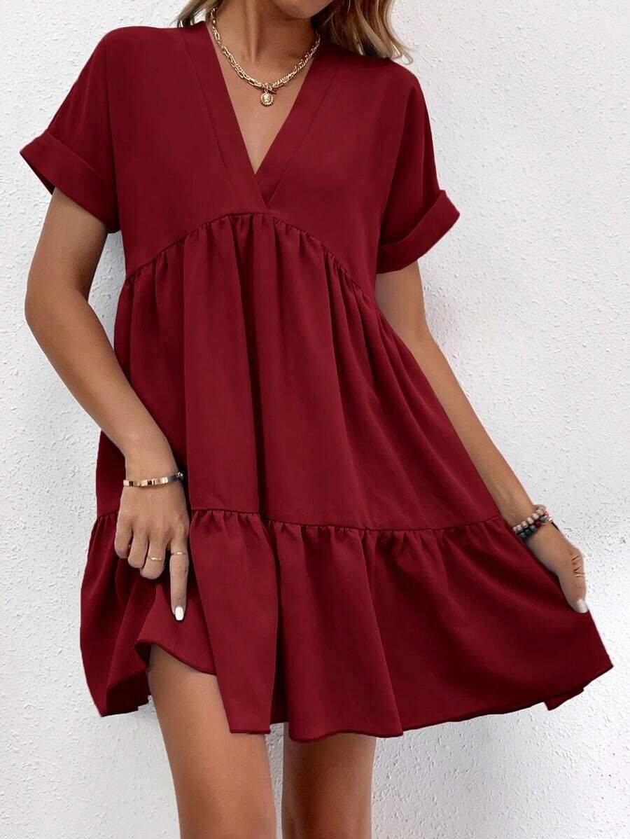 LUNE Vestido con puños enrollados, dobladillo con volantes y unicolor borgoña para outfit de mujer - Burdeos - Ver 1