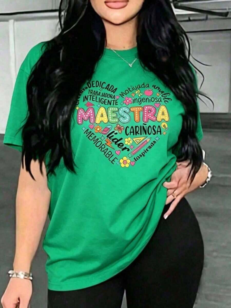 Solt Vintage Camiseta estampada para mujer con diseño divertido de Maestra, ideal para profesoras con estilo, tela suave y cómoda, perfecta para el día a día o como regalo original y lleno de color. Cuello Redondo Algodón 100% Tejido Suave Manga Corta Transpirable y FrescaFashion graphic - Verde - Ver 1