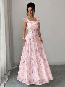 Elenzya Vestido con cintura fruncida y estampado floral para mujer, adecuado para ir a trabajar, salir, picnic, cita de San Valentín, resort de spa, fiesta en la playa, viajes y ocio - Rosa Pálido - Ver 5