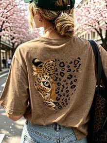 Camiseta de manga corta con cuello redondo y estampado de leopardo en color marrón para mujer, estilo minimalista de uso diario y calle, primavera/verano - Marrón Mocha - Ver 3