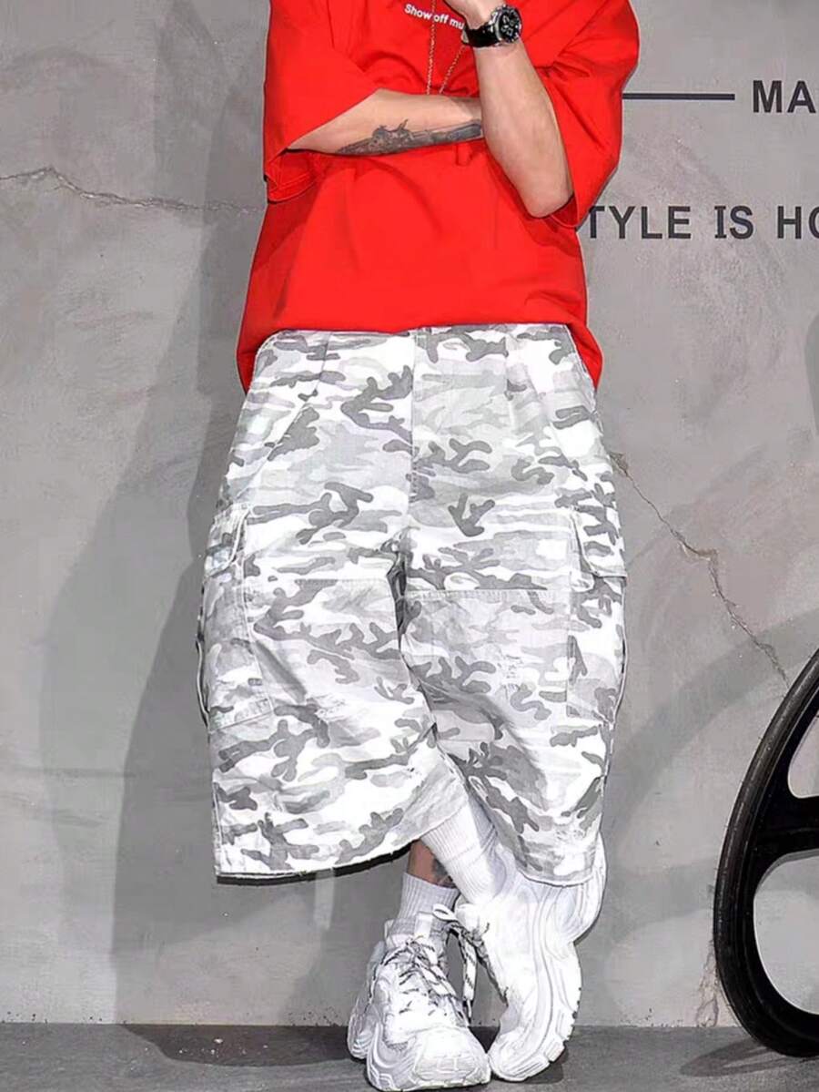 Vibe 美式街頭風寬版迷彩工裝短褲 男款酷感寬鬆直筒七分休閒褲 - 淺灰色 - 查看 1