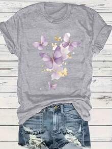 Plus Size Women's Plus Size T-Shirt With Purple Butterfly And Letter Print - Round Neck, Warm And Casual For Winter, Comfortable Casual Clothing For Plus Sizes, Cozy Machine Washable Blouse For Autumn And Winter - 灰色 - 查看 6